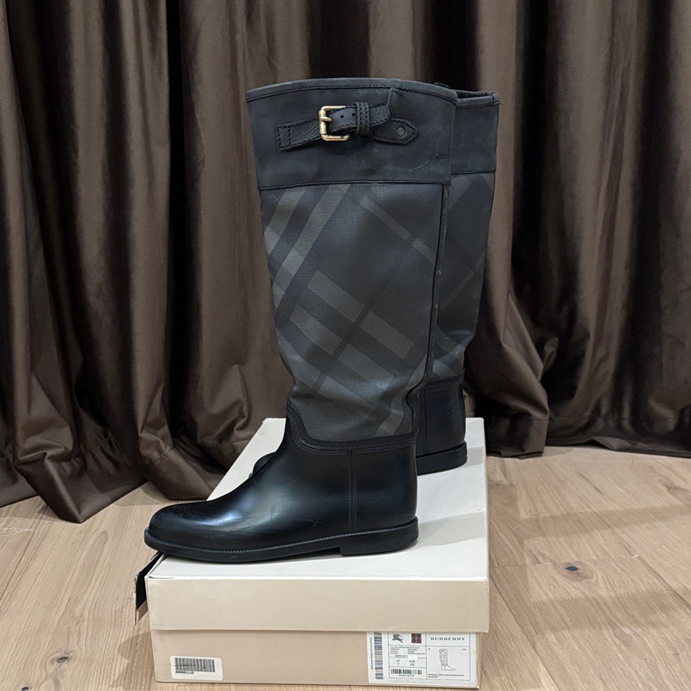 Burberry Black and Gray Plaid Knee-High Boots